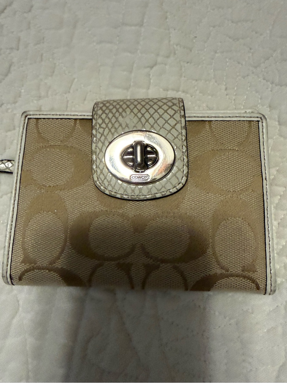 Coach Tan Signature Canvas Turnlock Compact Wallet with Cream Trim